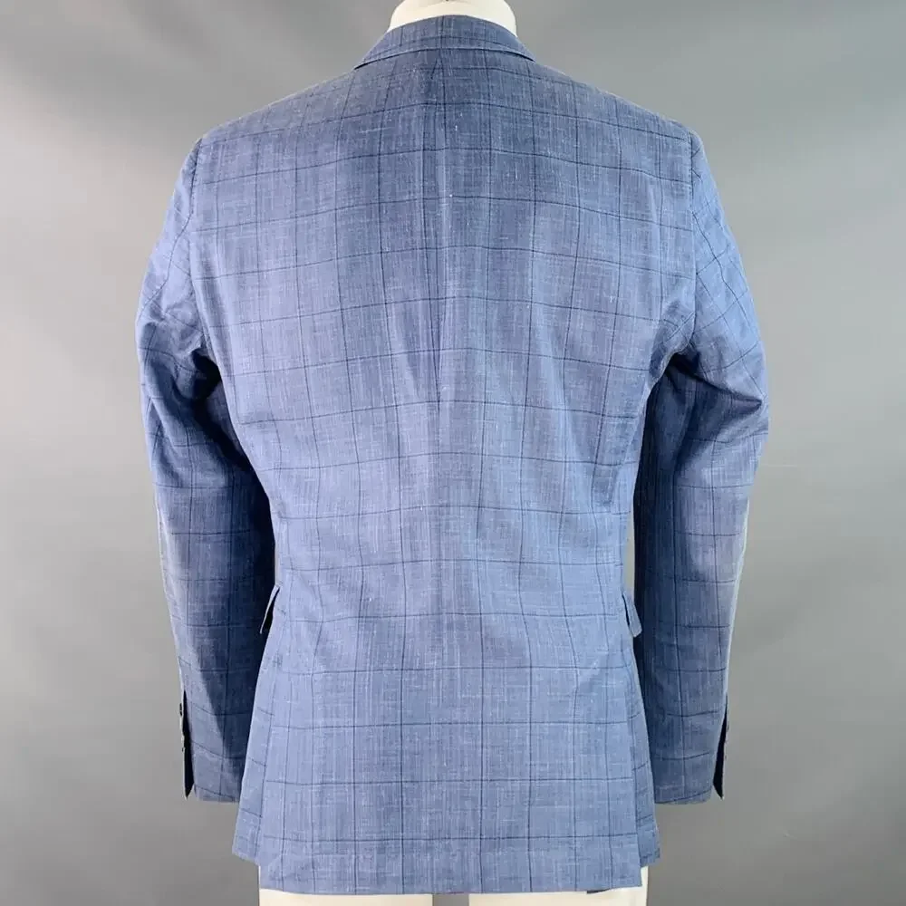 HUGO BOSS Size 40 Blue Black Window Pane Silk Linen Tailored Fit Sport Coat